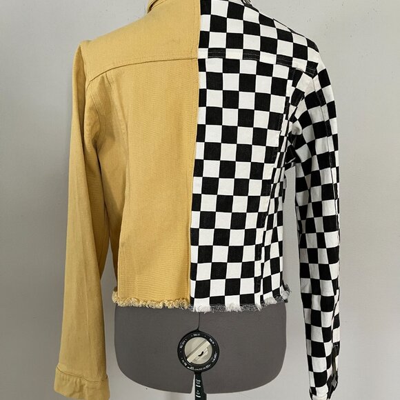 NWT M.N.I LA Sz L Black White Yellow Colorblock Cropped Stretch Denim Jacket - Picture 4 of 10